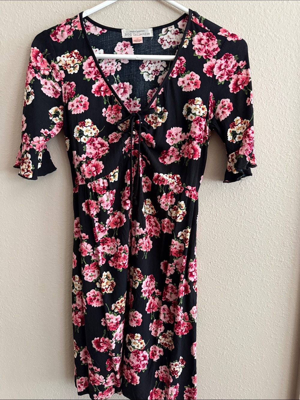 Band of Gypsies Black Floral Tie-Front Midi Dress with Pink Blooms